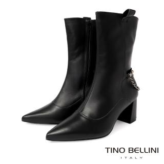 【TINO BELLINI 貝里尼】巴西進口鉚釘金屬鍊飾尖頭拉鍊粗跟靴FWUV005(黑)
