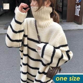 【CHACO】/現+預購/韓系保暖高領黑白條紋寬鬆針織毛衣#2817(均碼)