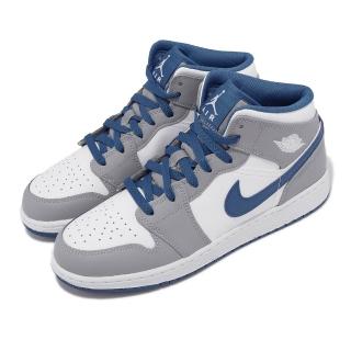 【NIKE 耐吉】Air Jordan 1 Mid GS 大童鞋 女鞋 Cement True Blue 灰 藍 喬丹(DQ8423-014)