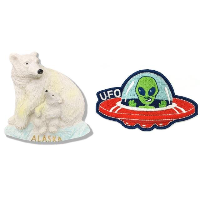【A-ONE 匯旺】美國阿拉斯加熊療癒磁鐵+美國 外星人UFO刺繡徽章2件組 fb打卡地標(C134+224)