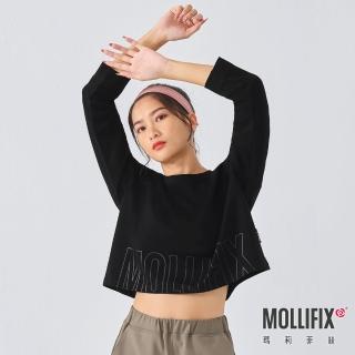 【Mollifix 瑪莉菲絲】經典LOGO短版長袖上衣、瑜珈上衣、瑜珈服(黑)