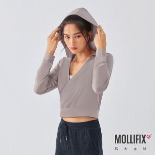 【Mollifix 瑪莉菲絲】交疊連帽縮口長袖上衣、瑜珈上衣、瑜珈服(藕灰)