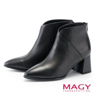 【MAGY】優雅牛皮尖頭高跟踝靴(黑色)