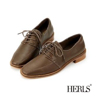 【HERLS】牛津鞋-休閒款全真皮縫線造型橢圓頭德比鞋牛津鞋(咖綠色)