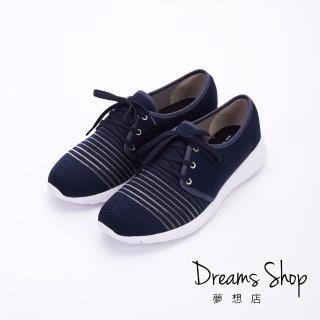 【DREAMS SHOP】輕量_MIT飛織條紋鏤空綁帶休閒鞋-藍色(大尺碼女鞋41)