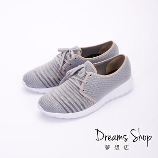 【DREAMS SHOP】輕量_MIT飛織條紋鏤空綁帶休閒鞋-灰色(大尺碼女鞋41)