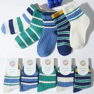【優貝選】俏皮童趣舒適學生童襪5入套組(綠藍搭色條紋)