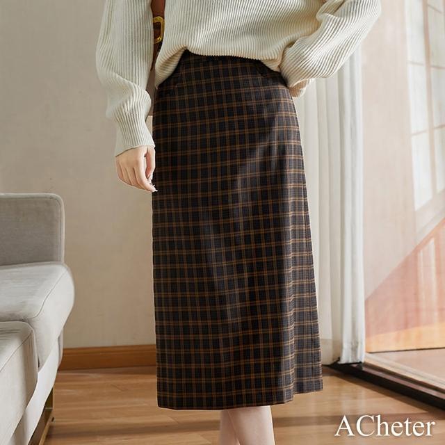 【ACheter】英倫時尚高腰顯瘦格子后開叉A字窄長裙#114352(咖色)