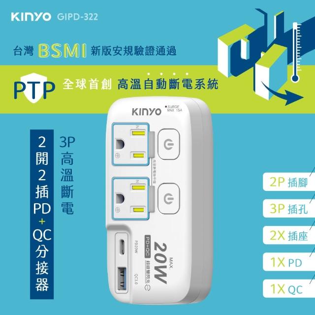 【KINYO】2開2插PD+USB分接器(GIPD-322)