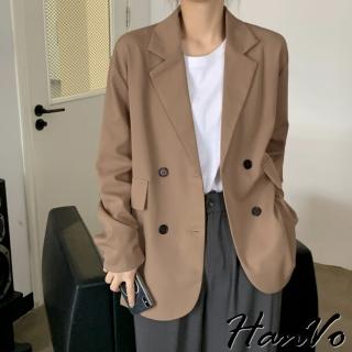 【HanVo】現貨 寬鬆假口袋排釦西裝外套(日常個性時髦百搭正式顯瘦修身 韓系韓國女裝 女生衣著 4966)