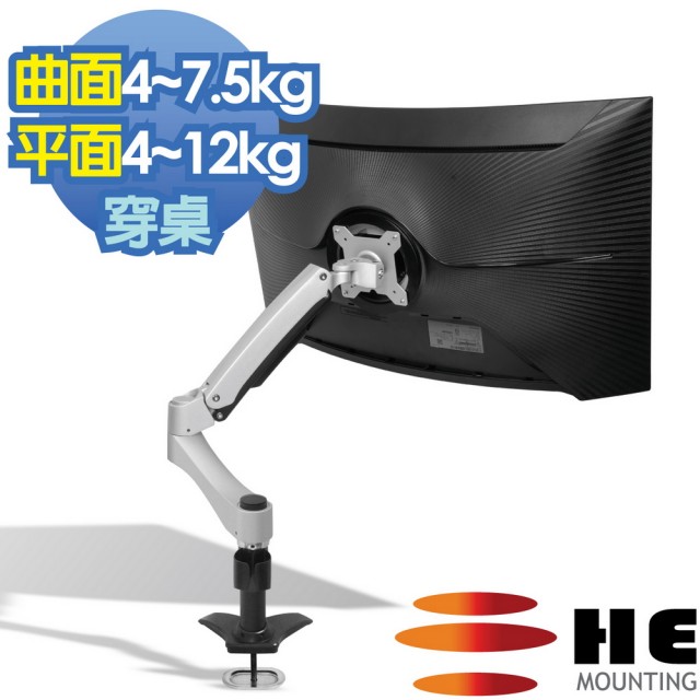 【HE Mountor】載重版.穿桌雙節懸臂懸浮式螢幕支架-適用曲面34吋以下4-7.5kg/平面38吋以下4-12kg(H20AUi)