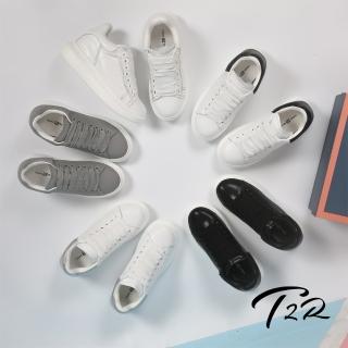 【T2R】正韓空運-經典款真皮造型小白鞋休閒鞋-增高約8公分(黑/白/灰/白銀/彩色車線)