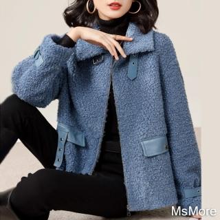 【MsMore】冬季新款翻領休閒寬鬆顯瘦韓版長袖顆粒絨藍色保暖短版大衣外套#114422(藍色)