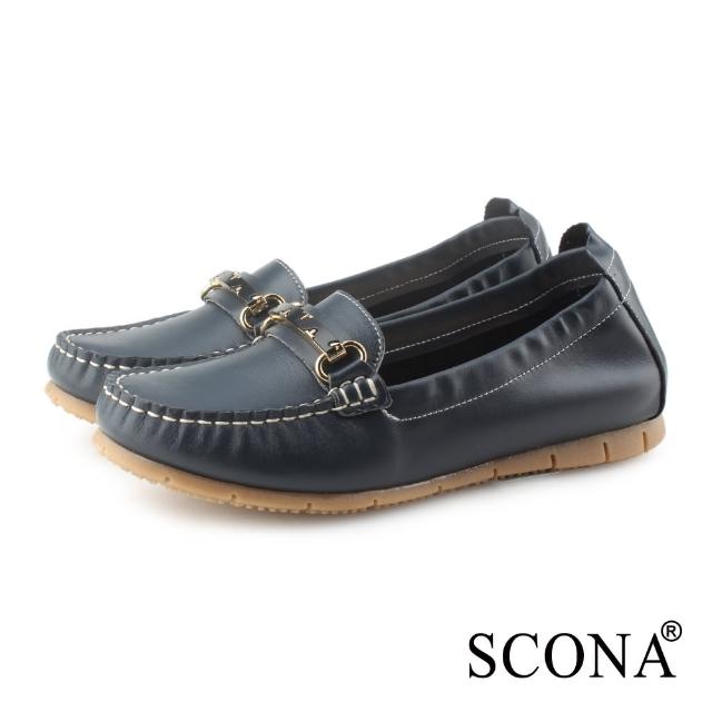 【SCONA 蘇格南】全真皮 時尚金屬扣舒適樂福鞋(深藍色 7376-1)