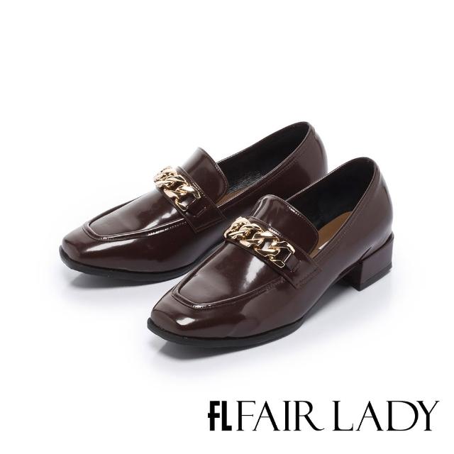 【FAIR LADY】優雅小姐 潮流鏈條方頭低跟樂福鞋(咖啡紅、602590)