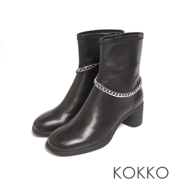 【KOKKO 集團】方圓頭率性鍊條粗跟靴(霧面黑)