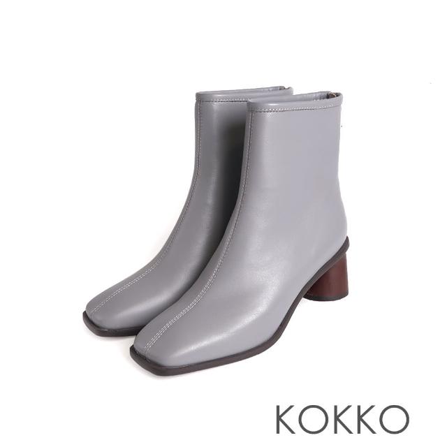 【KOKKO 集團】復古方頭造特殊木紋鞋跟短靴(灰色素面)
