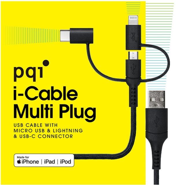 【PQI 勁永】i-Cable Multi-Plug 100cm 三合一多功能傳輸線(Lightning、Micro USB、USB-C)