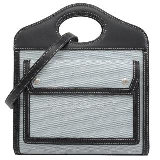 【BURBERRY 巴寶莉】Mini Pocket 專櫃秀款品牌印花帆布手提兩用包(黑邊)