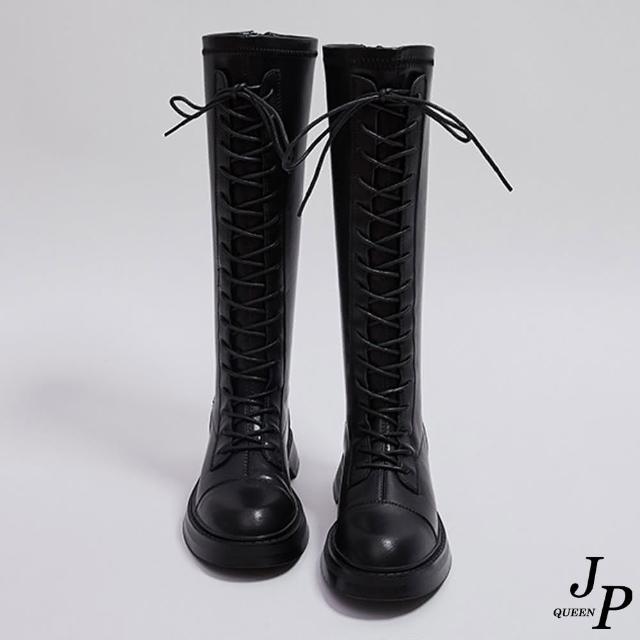 【JP Queen New York】帥氣女孩綁帶牛皮長筒靴(黑色)