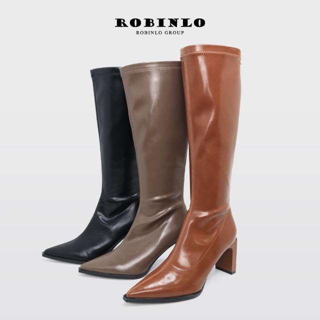 【Robinlo】時髦纖腿尖頭扁跟膝下高跟長靴GORDIE(極簡黑/可可棕/冷茶灰)