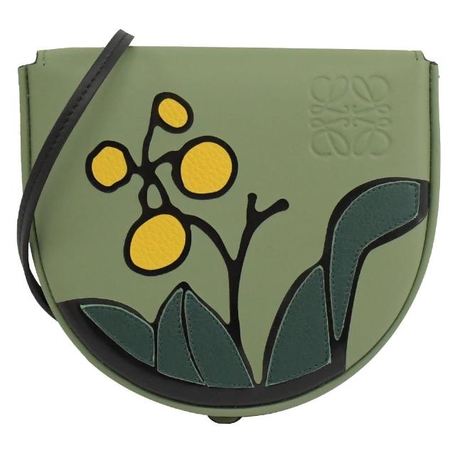 【LOEWE 羅威】經典徽章壓印LOGO植物圖樣翻蓋迷你馬鞍包斜背包(綠)