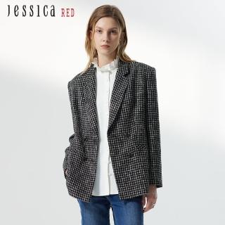 【Jessica Red】復古摩登黑白格紋雙排扣西裝外套824404