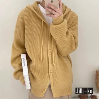 【JILLI-KO】秋冬新款寬鬆慵懶風糖果色連帽針織開衫外套-F(黃/綠)