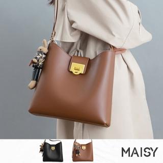 【MAISY】時尚真皮大容量肩背斜背水桶包(現+預 黑色 / 棕色)
