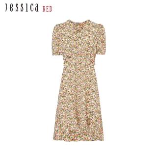 【Jessica Red】氣質甜美小碎花修身V領短袖雪紡洋裝823172（黃）