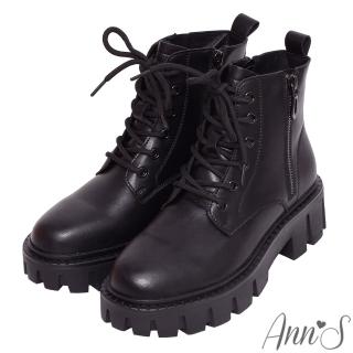 【Ann’S】小男孩系列-牛皮綁帶造型雙側拉鍊厚底短靴5cm(黑)