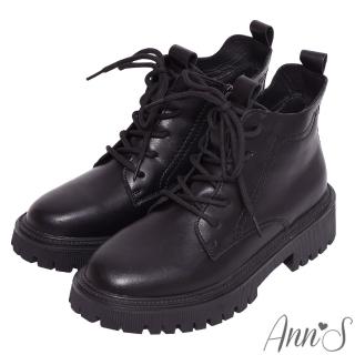 【Ann’S】小男孩系列-牛皮綁帶造型顯瘦V口厚底短靴4cm(黑)