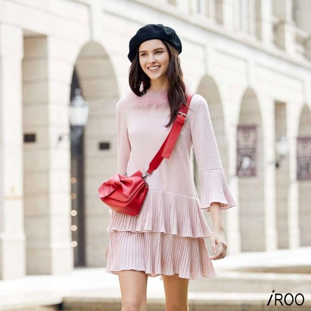【iROO】毛領波浪經典造型長袖洋裝