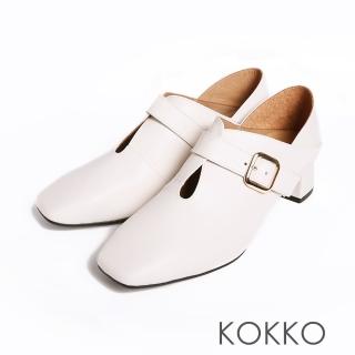 【KOKKO 集團】方頭水滴鏤空造型2WAY微軟可後踩粗跟鞋(米色)