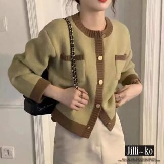 【JILLI-KO】韓版時尚配色針織圓領金釦短款毛衣外套-F(黑/綠)