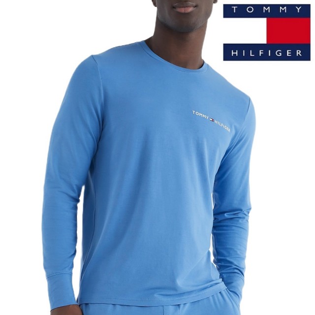 【Tommy Hilfiger】男生圓領長袖上衣 柔軟彈力針織運動衫 薄款素面標誌T恤 休閒圓領衫(黎明藍)