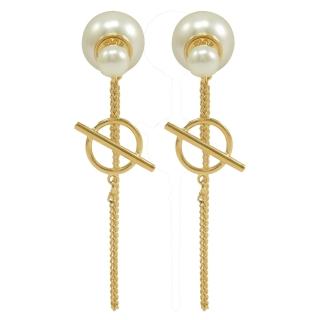 【Dior 迪奧】經典品牌LOGO大小珠珠垂墜金鍊針式耳環(金)