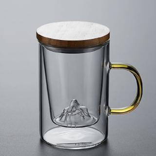 【WO HOME】日式富士山三件式高硼矽耐熱玻璃泡茶杯(帶木蓋 內膽 透明玻璃杯)