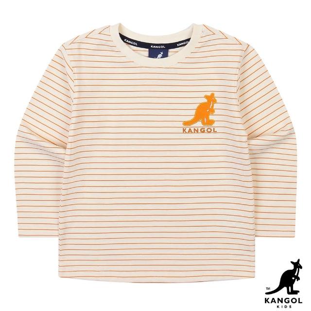 【KANGOL】韓國-KIDS 細條紋貼布袋鼠長袖T恤-黃條紋(W22AN003FH)