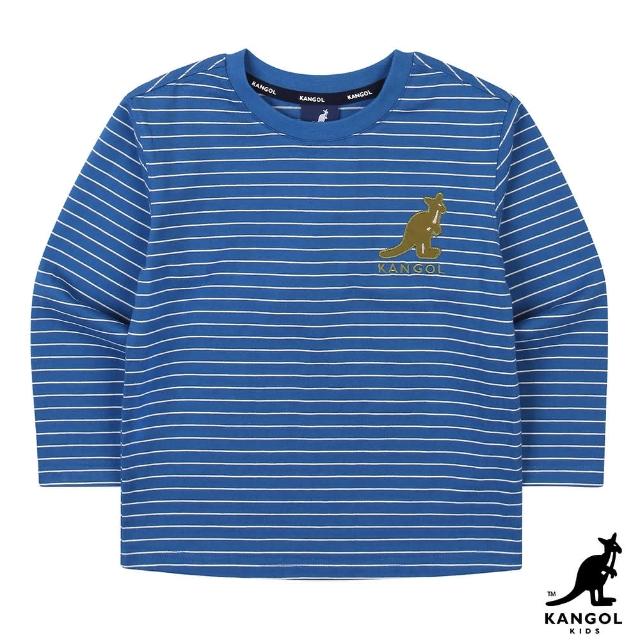 【KANGOL】韓國-KIDS 細條紋貼布袋鼠長袖T恤-藍條紋(W22AN003BL)
