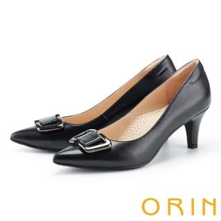 【ORIN】造型方釦羊皮尖頭高跟鞋(黑色)