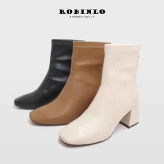 【Robinlo】氣質纖腿素面方頭粗跟中筒靴短靴DIANNE(極簡黑/奶油白/焦糖棕)
