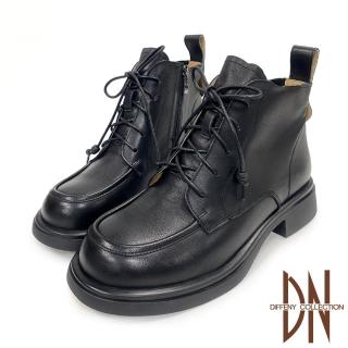 【DN】短靴_真皮擦色經典綁帶造型側拉鍊短靴(黑)