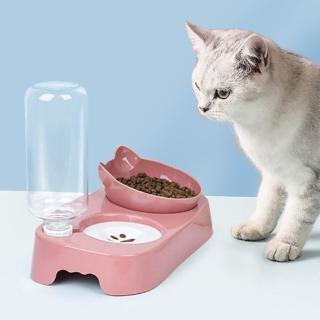 【萌貝貝】新型簡約貓造型斜口飲水飼料雙碗 飼料碗(餵食器 貓碗狗碗 飲水器)