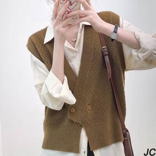 【JC Collection】歐美時尚百搭針織菱紋柔軟寬鬆單釦外套背心(淺咖啡色、橄欖色)