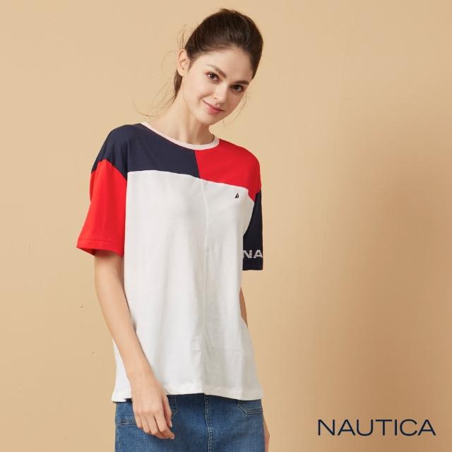 【NAUTICA】女裝 舒適休閒圓領拼接短袖T恤(白色)