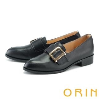 【ORIN】皮帶金屬方釦牛皮低跟樂福鞋(黑色)