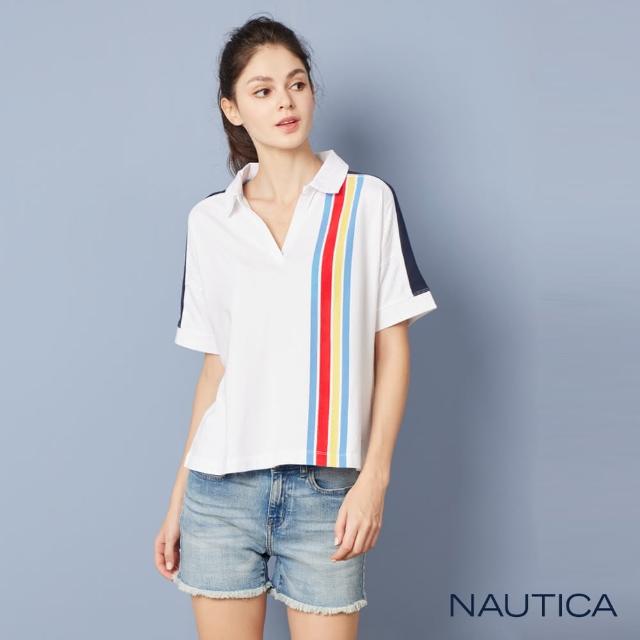 【NAUTICA】女裝 撞色休閒V領短袖POLO衫(白色)