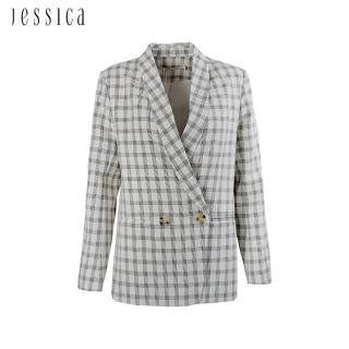【JESSICA】休閒百搭英倫風雙排扣格紋西裝外套224105（米色）