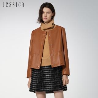 【JESSICA】簡約百搭顯瘦柔軟羊皮圓領皮衣外套224Z01（駝）